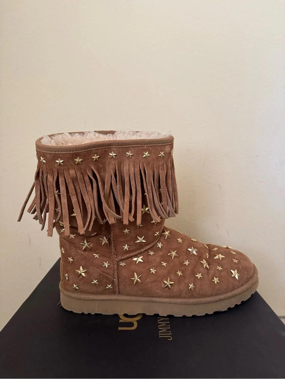 Ugg x Jimmy Choo Starlit Studded Boots Fringe Suede Chestnut US 11